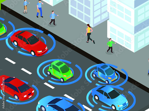 Smart cars on the city road isometric 3d vector concept for banner, website, illustration, landing page, flyer, etc.