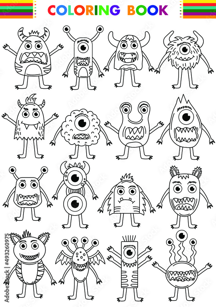 Vector set cute monsters. Funny line hand-drawn aliens for coloring pages. Bundle of decorative design elements. Flat vector illustration. Vector set cute monsters. Funny line hand-drawn aliens for coloring pages. Bundle of decorative design elements. Flat vector illustration.