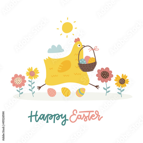 Greeting card - Cute hen carrying her eggs in backet. Happy Ester hent, concept of farm products. Funny chicken character. Hand drawn flat vector illustration isolated on white