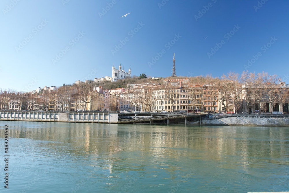 Magnificent view of the radiant Basilica of Our Lady of Fouvière perched on the hill of Fourviere and in the foreground the river Saone flown over by a seagull in Lyon, France.