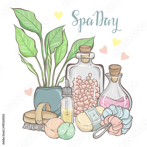 Vector fashion illustration. Spa day. Set of different face and body care items. Bath salt, oil, soap, washcloth, bath bomb, massage brush. Handmade, print on t-shirt