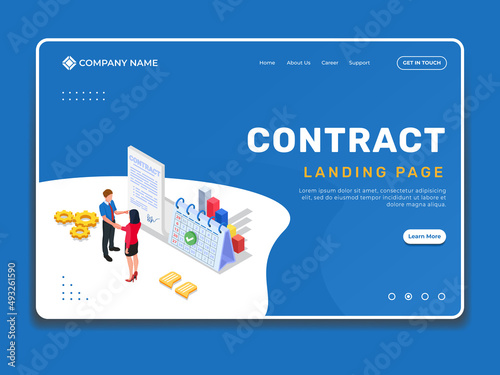 Contract agreement landing page illustration template with isometric business people shaking hands