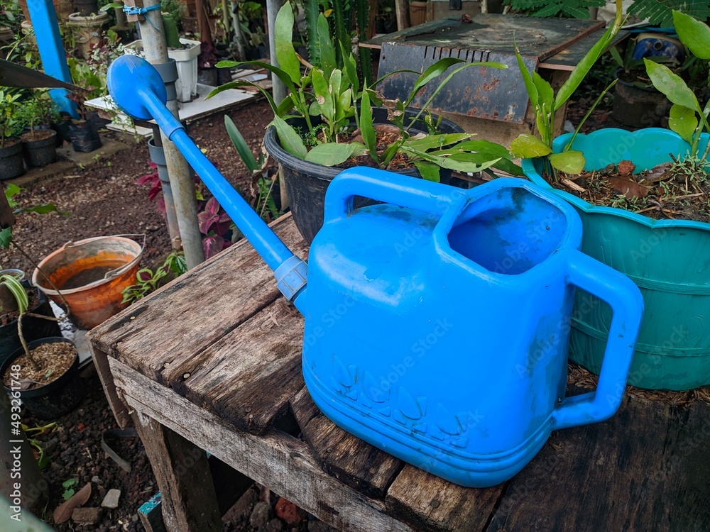 A plant sprinkler made of blue plastic is used to water plants A plant sprinkler made of blue plastic is used to water plants