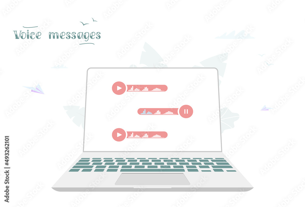 Laptop with voice messages on screen. Voice messages. Modern communication in messenger. Online chat. Social media design concept. Vector Laptop with voice messages on screen. Voice messages. Modern communication in messenger. Online chat. Social media design concept. Vector