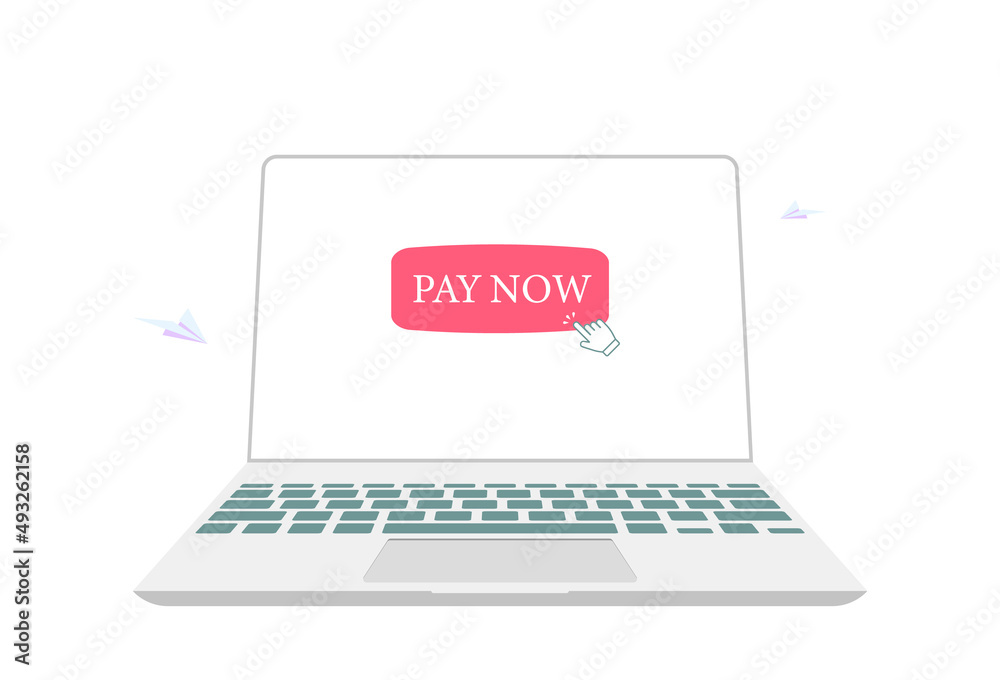 Button buy now click in laptop. Buy goods via laptop. Special offer. Vector Button buy now click in laptop. Buy goods via laptop. Special offer. Vector