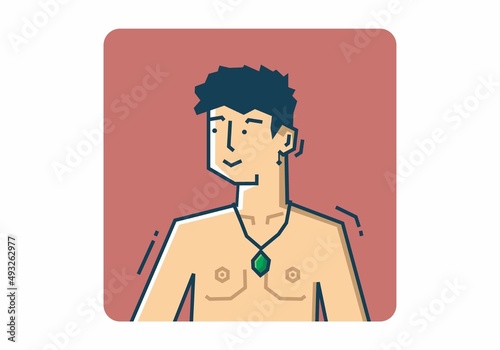 Stiff guy shirtless wearing a jade necklace