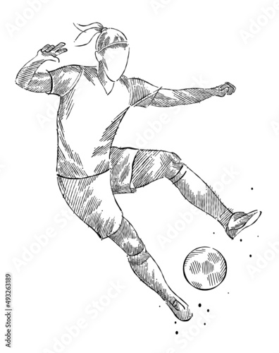 Drawing of female soccer player dominating the ball