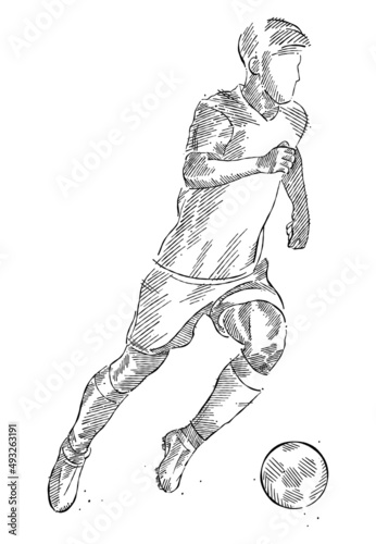 Drawing of man soccer player dominating the ball