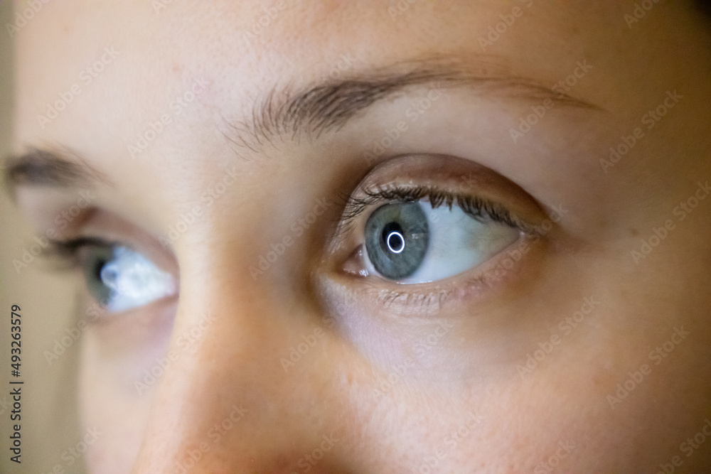 Fototapeta premium Female eyes up close. Blue-eyed European girl looking in colored contact lenses.