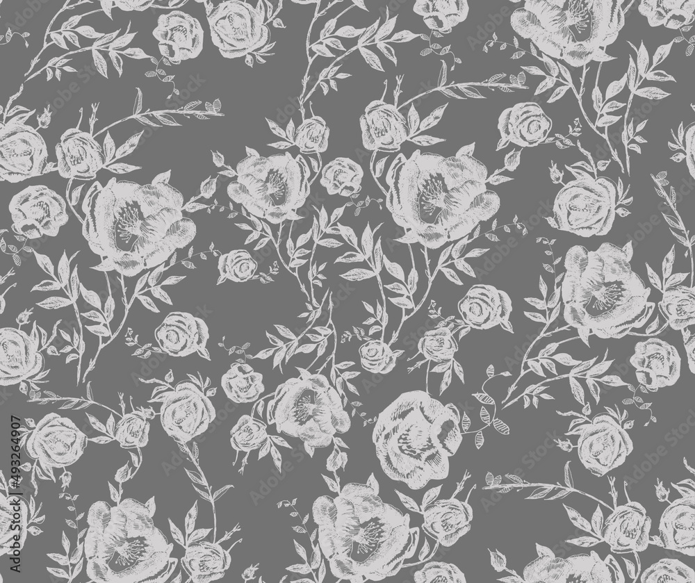 Ink drawn flowers, leaves seamless. For textile, wallpaper and other prints.