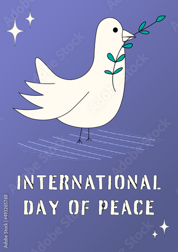 White dove of peace with branch Line art Vertical vector illustration for Earth Day and World Environment Day Isolated Copy space