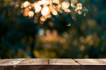 Rustic wooden table in the summer garden. Focus on the foreground.