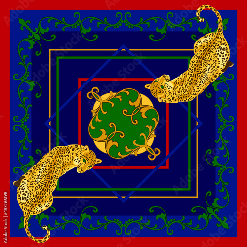 Leopard, jaguar wild big cat square frame, silk scarf design background. Baroque style pattern illustration for bandana, foulard, scarves, hijab. red blue, green color
