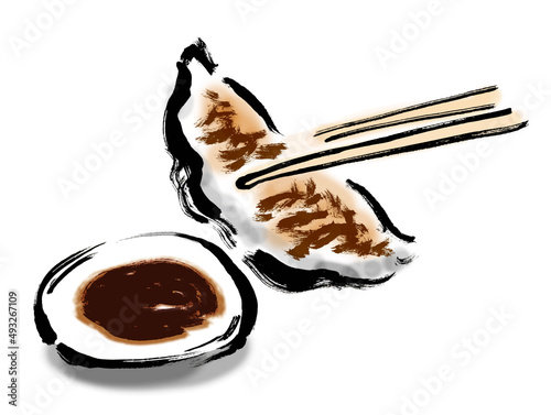 餃子を箸で掴んでいる手描き和風イラスト