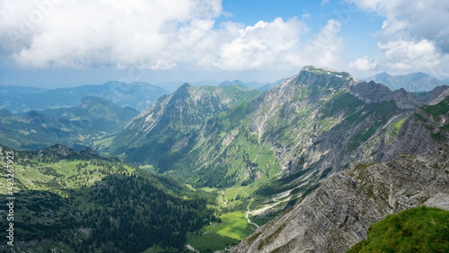 Panoramic view from Nebelhorn in Oberstdorf Allgäu Bavaria Germany - Beautiful Alps with lush green meadow and blue sky - Mountains landscape background banner panorama