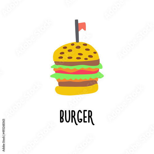 A clipart with a picture of a burger with salad, cheese, tomato and cutlet