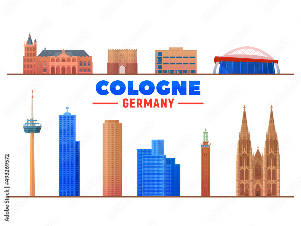 Cologne ( Germany ) landmarks in white background. Vector Illustration. Isolated object with famous building. Great St. Martin Church, Cologne Cathedral and other.