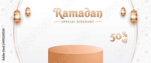 Ramadan sale horizontal banner template. White background with podium for place the product. Usable for banner, cover, header, and web.