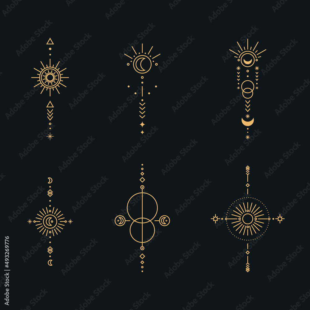 Set of moon and sun line art. Minimal boho linear symbols. Celestial mystic element. Vector line art illustration.
