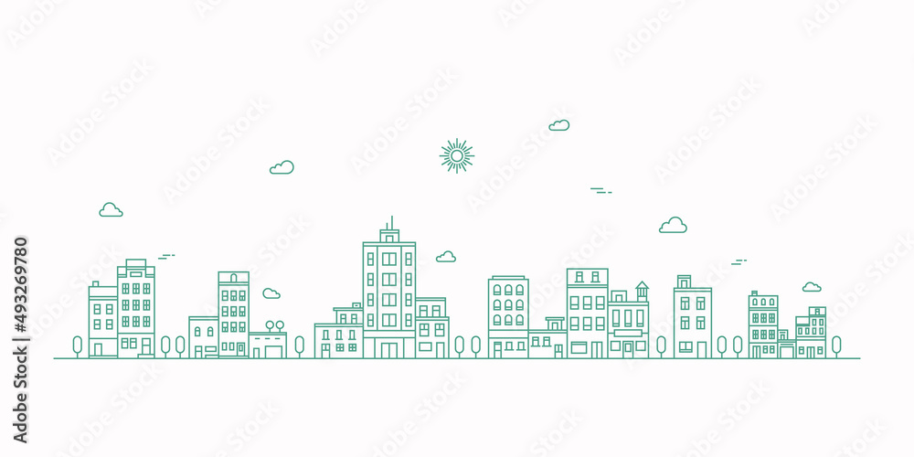 Cityscape line art illustration. Urban landscape in monochrome line art style. Vector illustration.