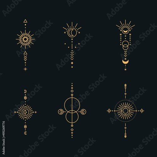 Set of moon and sun line art. Minimal boho linear symbols. Celestial mystic element. Vector line art illustration.
