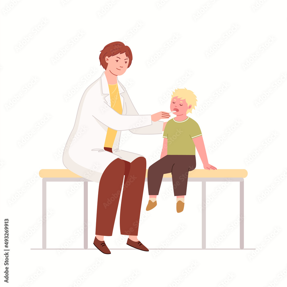 family doctor examines little boy in her office with tongue spatula. pediatrician. vector illustration in flat cartoon style. family doctor examines little boy in her office with tongue spatula. pediatrician. vector illustration in flat cartoon style.