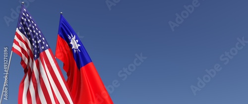 Flags of United States and Taiwan on flagpoles on the side. Flags on a blue background. Place for text. United States of America. Republic of China, Asia. Commonwealth. 3D illustration. photo