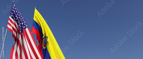 Flags of United States and Ecuador on flagpoles on the side. Flags on a blue background. Place for text. United States of America. Quito. Commonwealth. 3D illustration.