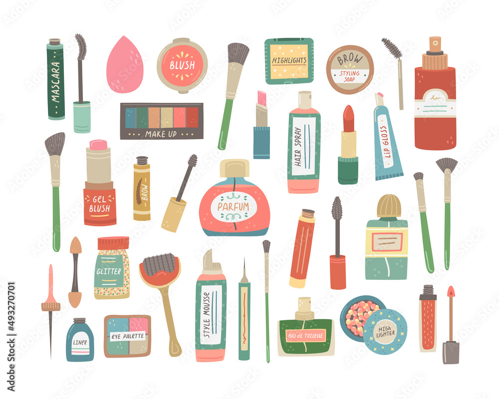 Vector set illustration of decorative cosmetics. Care and makeup products.