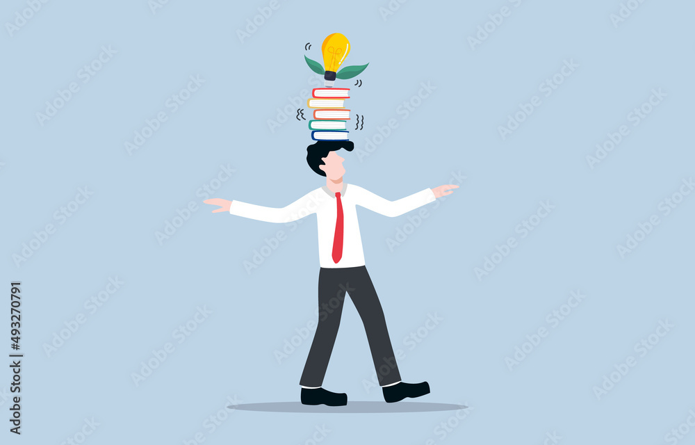 Lack of confidence in knowledge for work, self-confidence concept. Panic businessman trying to control stack of books and light bulb on his head. 