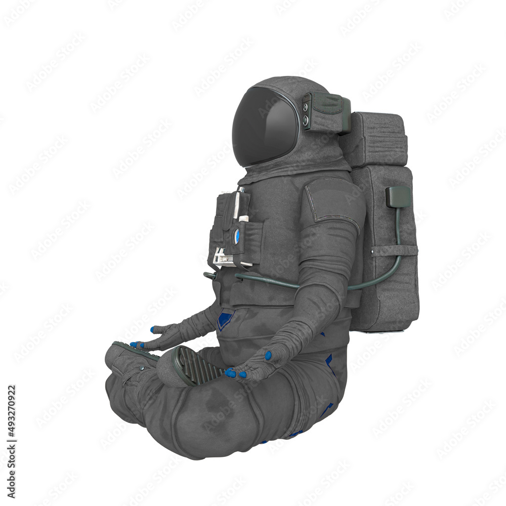 astronaut explorer is floating and also meditative doing yoga on white background side view astronaut explorer is floating and also meditative doing yoga on white background side view