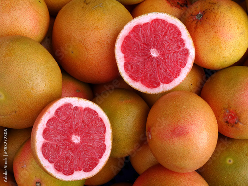 Organic blood grapefruits known also as pink grapefruits on a farmers market stall in the Aegean coastal town Yalikavak, in Bodrum, Turkey.                     