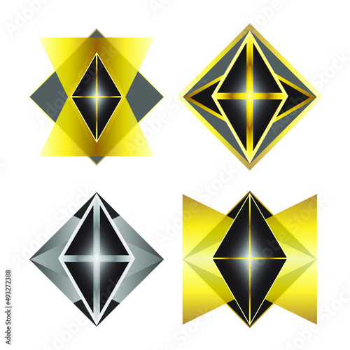 Set of rhombus logotypes in gold, silver and black colors. Geometric logos template for business or corporate. Vector design elements, symbols, labels, emblems.