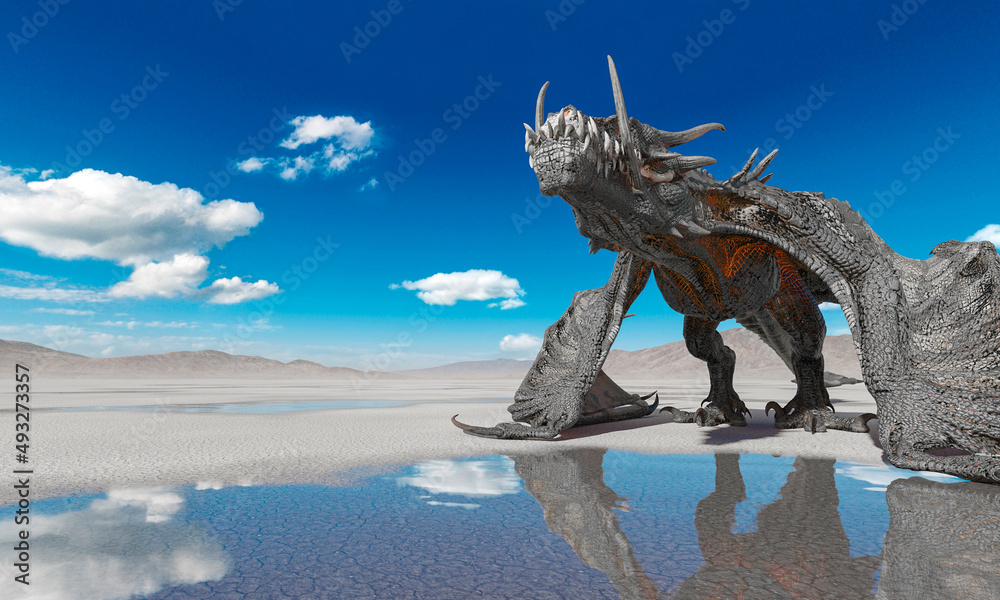 Fototapeta premium dragon is grounded on the desert after rain side view