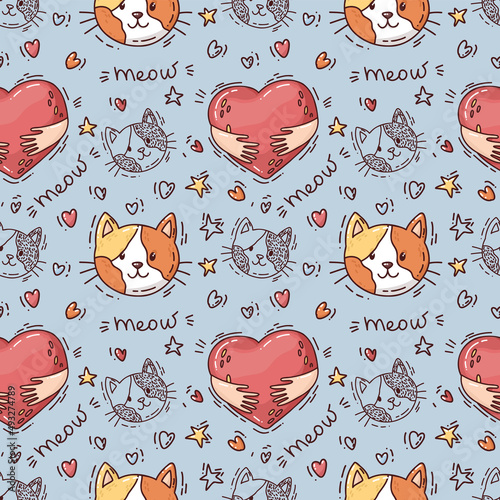 semless pattern with doodle cat and red heart. cute vector illustration