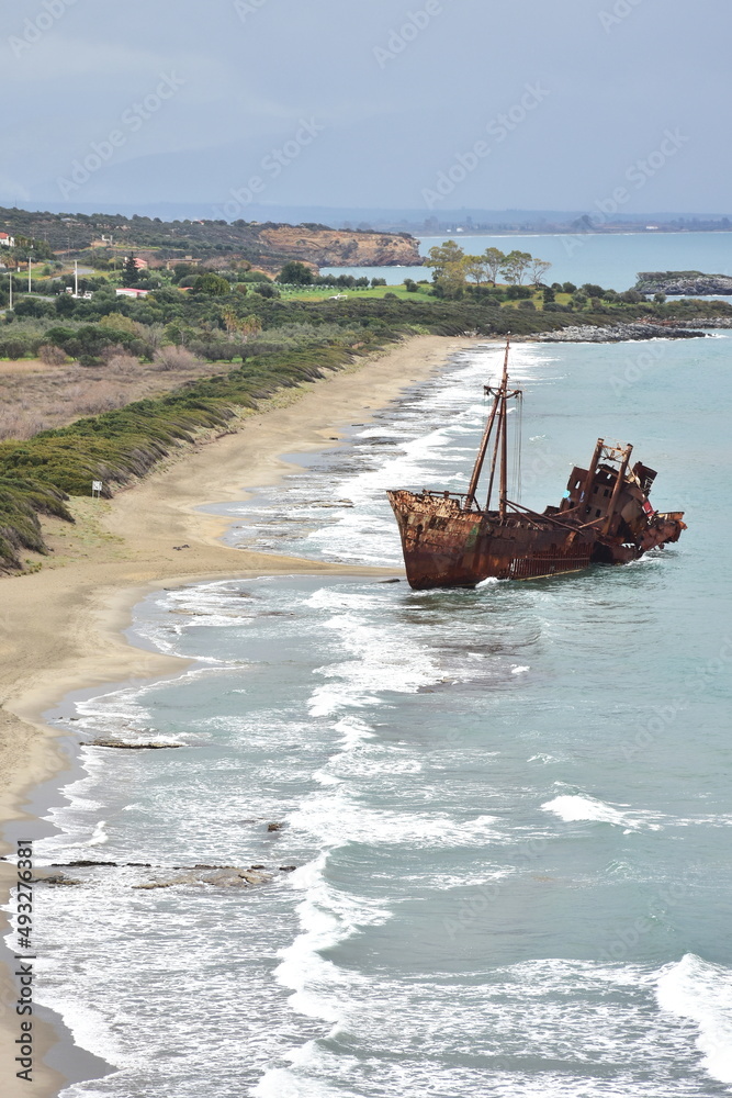 Cargo ship wreck on a beach near village Gythio, Greece