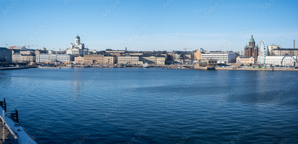 Panoramic view of downtown Helsinki with the lutheran cathedral, presidential palace and the market square in the sight.