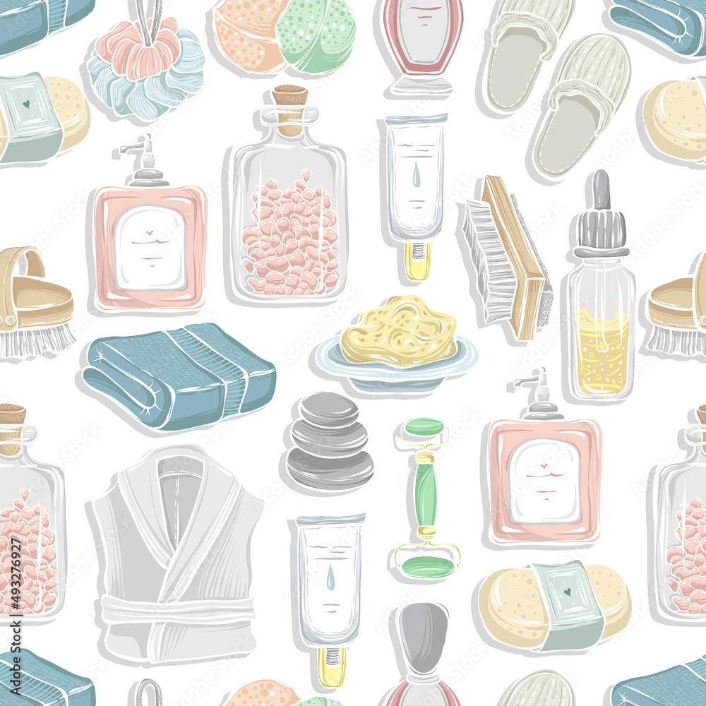 Vector fashion illustration. Spa day, print on t-shirt. handmade. Set of different face and body care items. light  background, seamless pattern