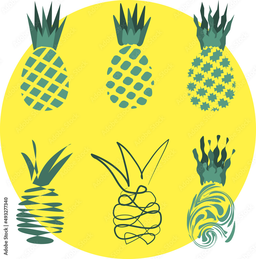 Fototapeta premium Icons set with hand abstract drawing pineapples