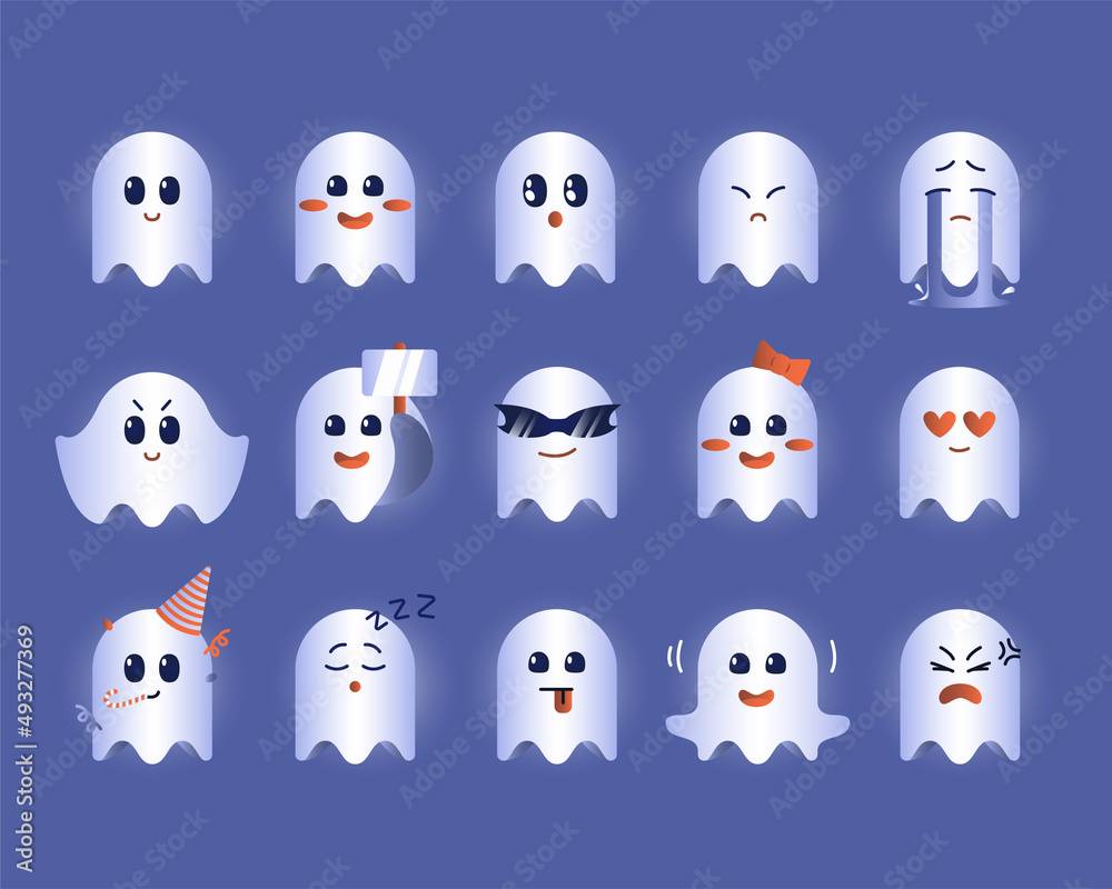 Cute ghost character with different emotions. Big Vector set Cute ghost character with different emotions. Big Vector set