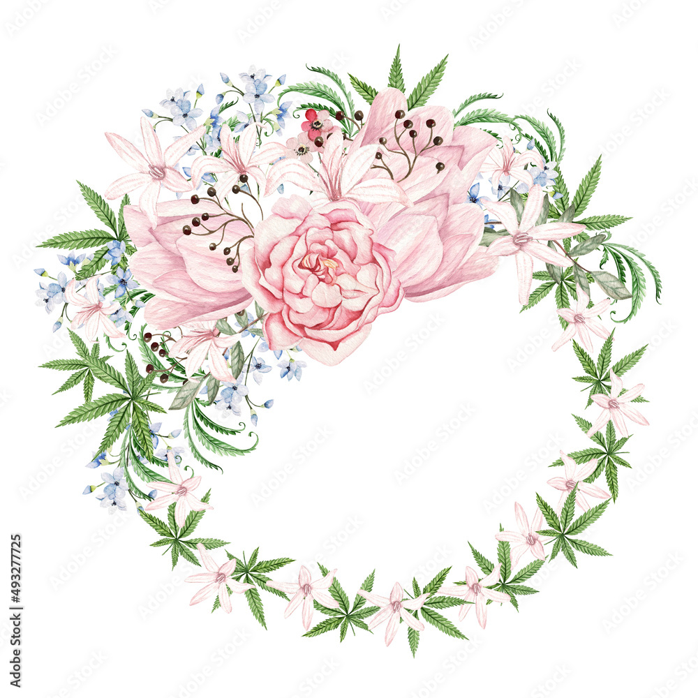 Beautiful tender watercolor wreath with different flowers and cannnabis. Illustration..