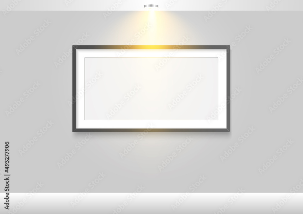 Empty frame. Wall art mock up with lighting. Ceiling lamp with light bulb. Object gallery interior graphic vector illustrator. Empty frame. Wall art mock up with lighting. Ceiling lamp with light bulb. Object gallery interior graphic vector illustrator.