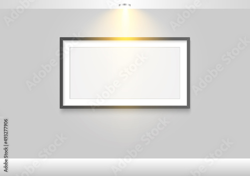 Empty frame. Wall art mock up with lighting. Ceiling lamp with light bulb. Object gallery interior graphic vector illustrator.