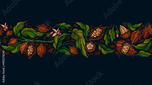 Cocoa border. Dark chocolate. Vector graphic beans