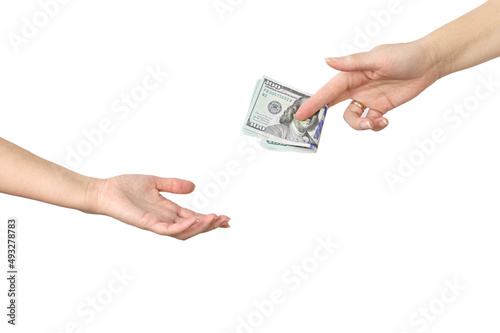 Фотография Hand handing over money to another hand isolated on white background Transfer of