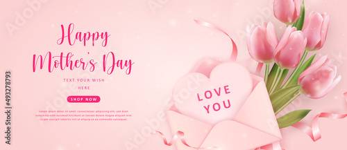 Happy mother's day botanic garden pink tulip flower and envelope love heart shape paper note
