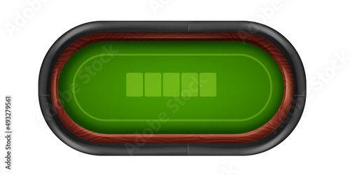 Green poker table vector background, casino blackjack card game UI illustration, wooden round frame. Empty velvet texture top view, playing cloth surface online gambling board. Royal blank poker table