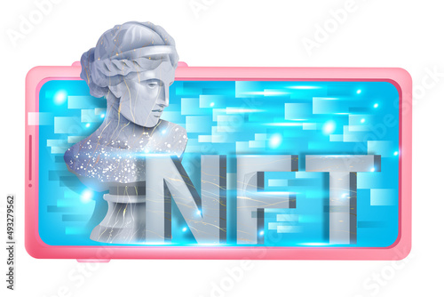 Crypto NFT token vector concept, non-fungible unique digital art illustration, smartphone, Greek statue. 3D cryptocurrency modern artwork marketplace, innovative investment clipart. Crypto NFT design