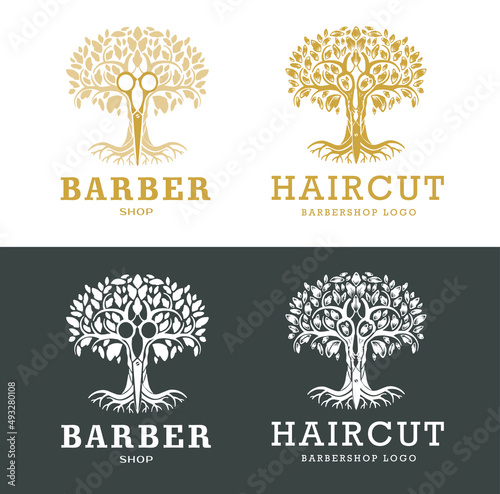 Logo. Hairdressers. Tree with scissors. Ancestral tree. Vintage.