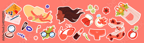 Beauty stickers for girls set vector illustration. Cartoon trendy appliques and female symbols collection with flowers, woman with long hair, hat and glasses, underwear. Fashion, accessory concept